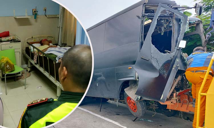 Kondisi bus brimob yang alami kecelakaan maut di exit Tol Purwodadi. Inset kondisi salah satu korban yang dirawat di RS.