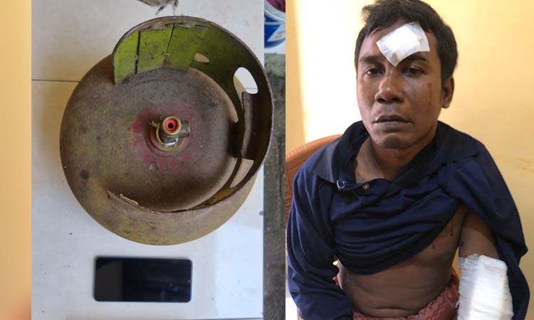 BABAK BELUR: Tersangka Bahrul Ulum mendapat perawatan usai dihajar massa. Inset tabung elpiji 3 kg dan HP yang dicuri pelaku.