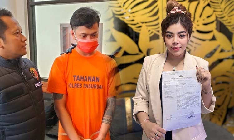 Selebgram Fikral (baju oranye, foto kiri) saat digelandang polisi. Feby Ana saat menunjukkan surat laporan ke polisi. (Rizal Syatori/ Radar Bromo)