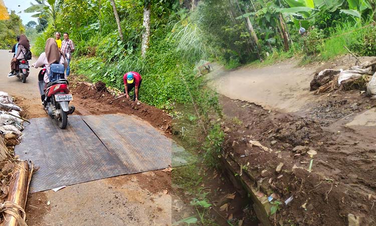 HILANG DICURI: Pelat baja yang dipasang untuk perbaikan darurat jalan rusak di Desa Sumberpitu, Tutur saat masih terpasang (kiri). Foto kanan, saat sudah dicuri.