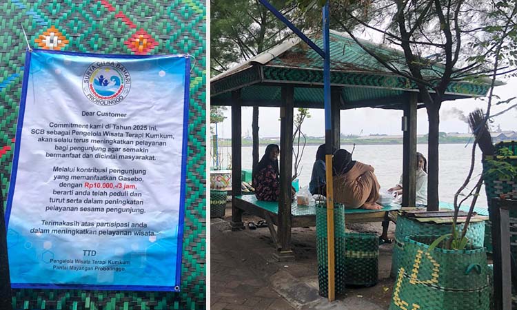 JADI SOROTAN: Gazebo di kawasan wisata Kum-kum PPP Mayangan Probolinggo. Inset selebaran yang menyatakan tarikan saat weekend. (Inneke Agustin/ Radar Bromo)