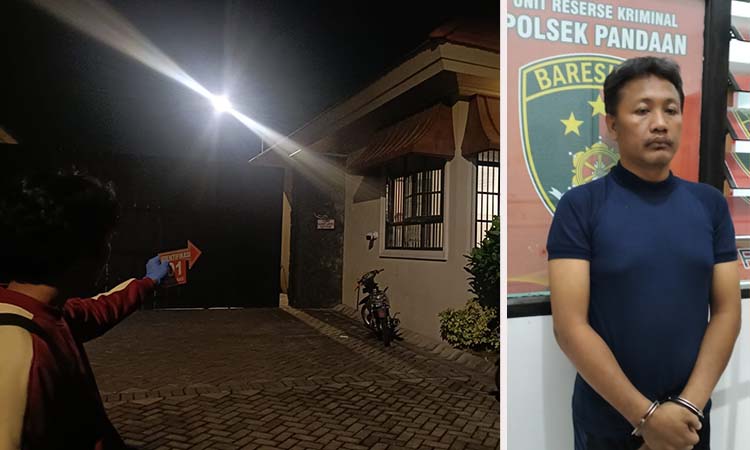 TKP: Vila tempat korban bekerja, saat polisi lakukan olah TKP. Inset pelaku Khoirul saat diamankan di Polsek Pandaan.