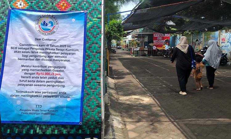 DIPASANG TARIF: Selebaran yang menyampaikan tarif di Gazebo kawasan wisata Kumkum PPP Mayangan Probolinggo. (Inneke Agustin/ Radar Bromo)
