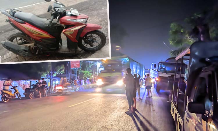 Lokasi kecelakaan di Sumberanyar Paiton. Inset motor Honda Vario yang diseruduk truk molen alami kerusakan parah.