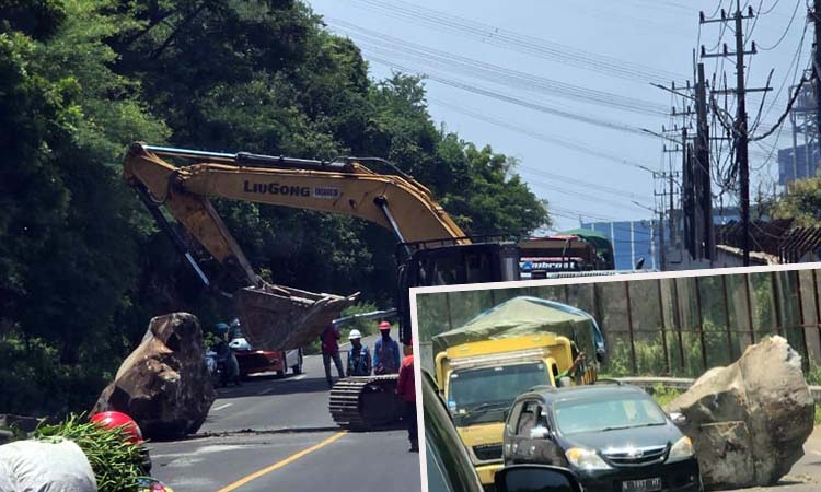Proses evakuasi batu besar yang jatuh dari bukit PLTU Paiton. Saat ini di bukit PLTU tengah berlangsung pengerjaan proyek tol Probowangi. Inset batu sebelum dievakuasi.