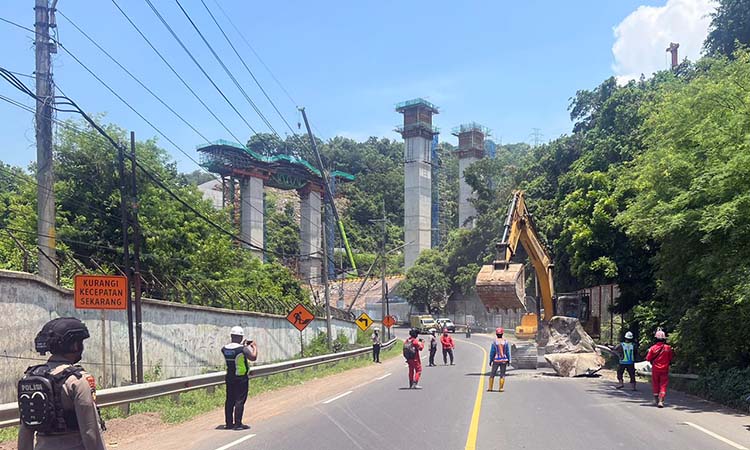 MEMBAHAYAKAN: Momen saat petugas mengevakuasi batu besar yang jatuh dari bukit Binor di sisi selatan PLTU Paiton Probolinggo. (Istimewa)