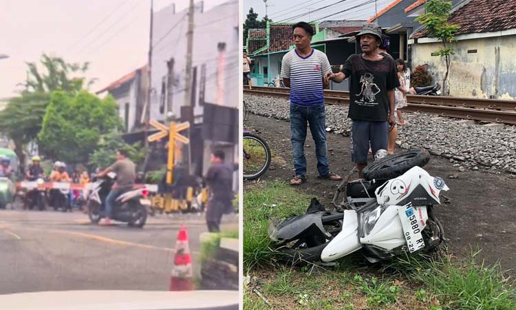 Video detik-detik sesaat korban sebelum tertabrak KA, nampak seorang warga mau menolongnya (kiri). Nampak motor korban ringsek. (Inneke Agustin/ Radar Bromo)