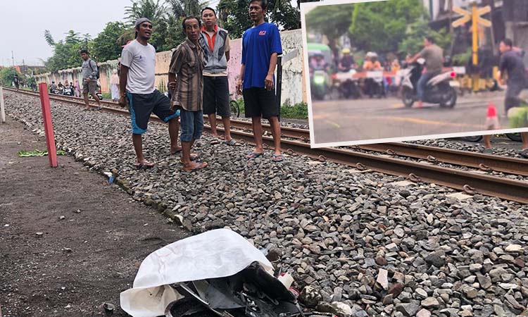 Kondisi motor korban ringsek usai disasak KA Probowangi. Inset warga hendak menolong korban, namun gagal karena KA Probowangi sudah dekat. (Inneke Agustin/ Radar Bromo)