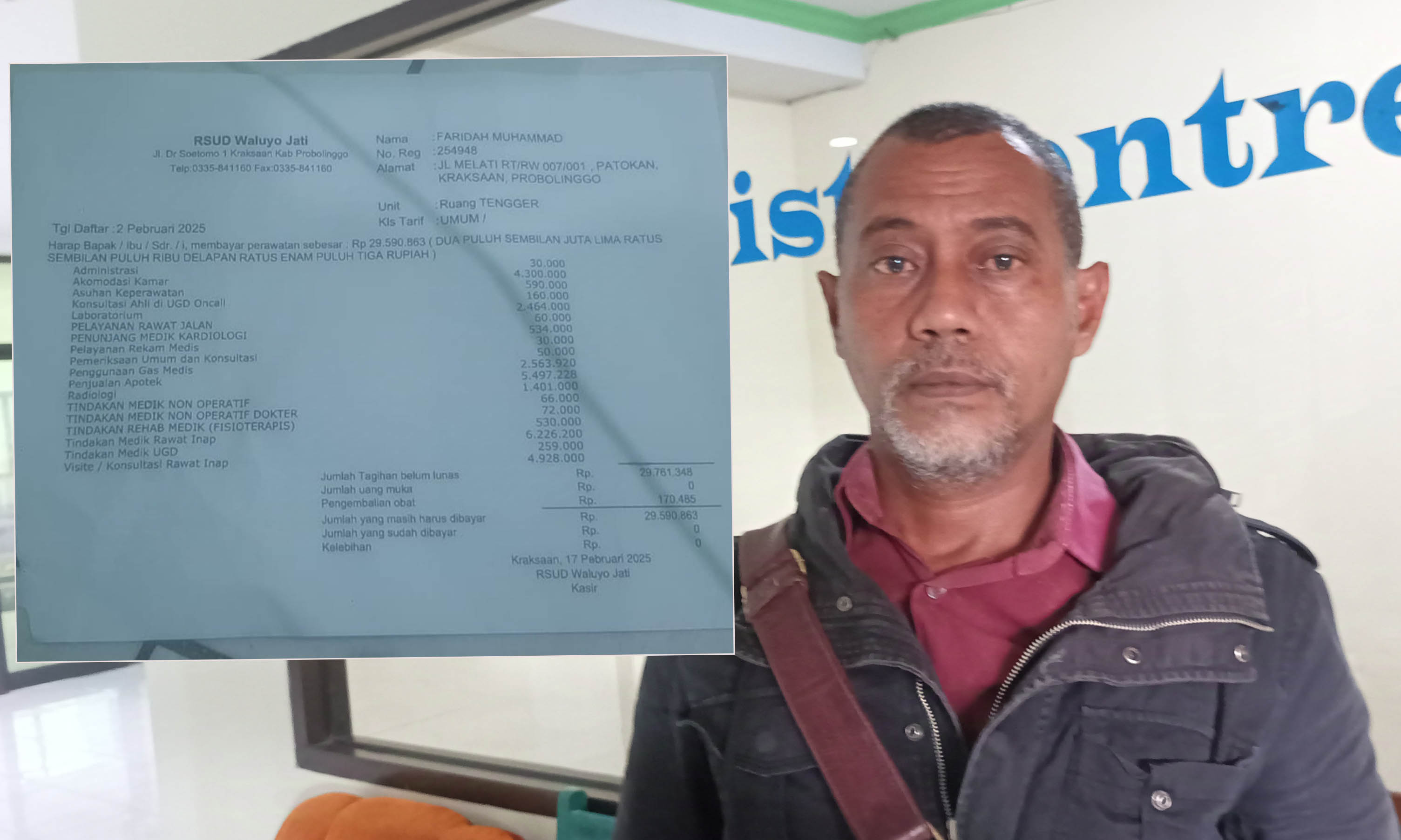 LAGI KESUSAHAN: Usman warga Kelurahan Patokan, Kraksaan, saat berada di Islamic Center saat menceritakan pelayanan RSUD Waluyojati Probolinggo kepada awak media.