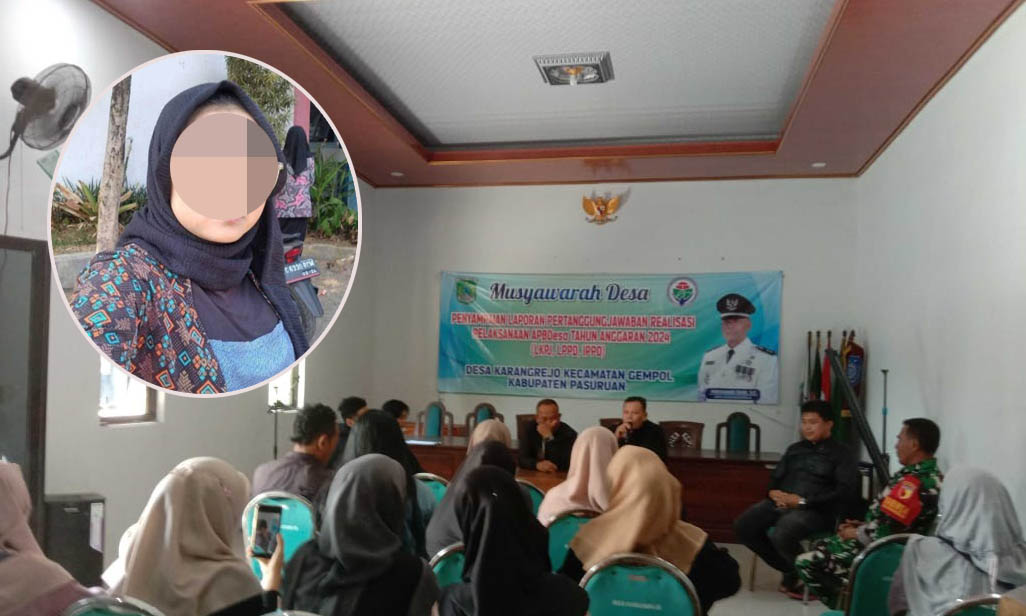 SUDAH DIMEDIASI: Pertemuan antara peserta arisan dan pengelola arisan di balai desa Karangrejo, Kecamatan Gempol, pertengahan Januari lalu. Inset, AIKT pengelola arisan online yang dilaporka