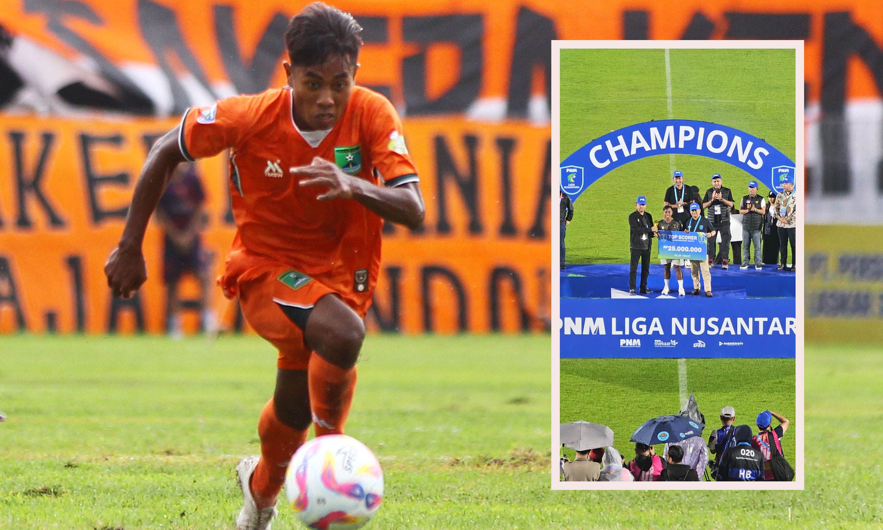 EMPAT BELAS GOL: Ali &ldquo;Kacong&rdquo; Mashori saat berlaga bersama Persekabpas. Inset, Ali saat menerima penghargaan sebagai top skor Liga Nusantara musim 2024-2025.