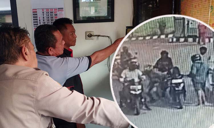 Petugas saat memantau CCTV aksi perampasan di SPBU Bugul Kidul Pasuruan. Inset aksi pelaku yang terekam CCTV.