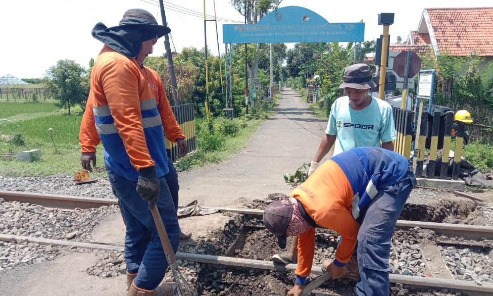 PERBAIKAN GEOMETRI: Sejumlah pekerja memperbaiki jalur KA di JPL 176 Desa Banjarsari, Kecamatan Sumberasih, Kabupaten Probolinggo, Selasa (11/3).