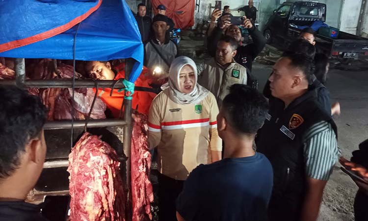 Tim Dinas Peternakan Kabupaten Pasuruan dan Satgas Pangan saat meninjau penjual daging sapi di pikap depan Pasar Pandaan yang didapati daging basah. (Istimewa)