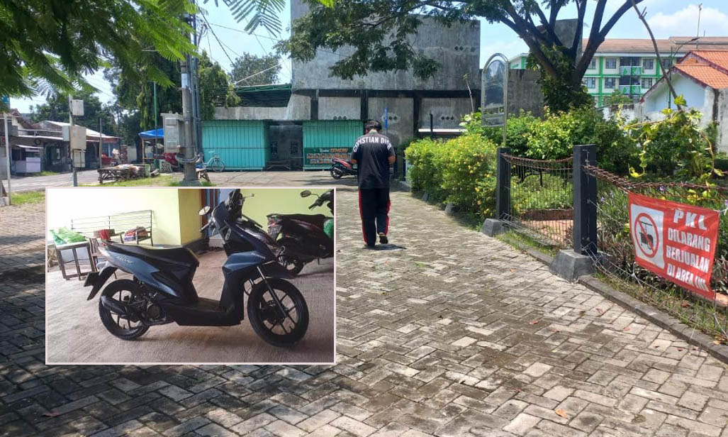 TKP: Lokasi parkir di depan Taman Semeru, Kelurahan Triwung Kidul, Kecamatan Kademangan, Kota Probolinggo. Inset, motor milik korban yang raib.
