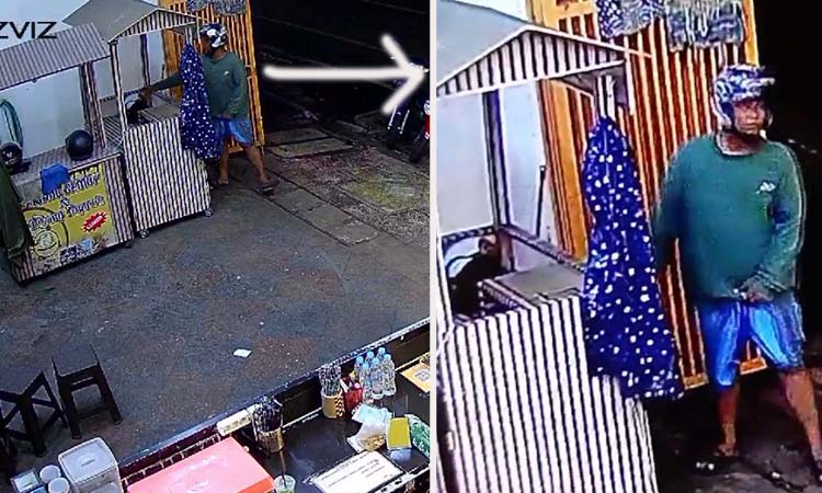 TEREKAM CCTV: Aksi pelaku mencuri helm di dalam gerobak jalan A Yani Probolinggo yang terekam CCTV. (CCTV)