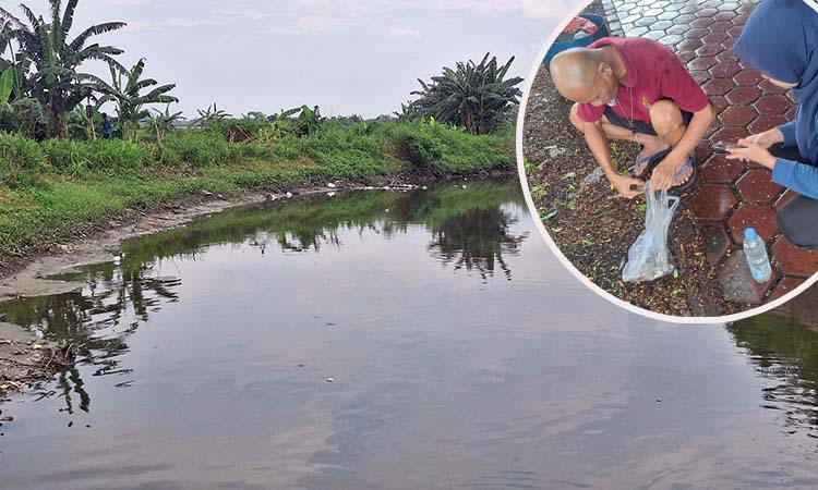 Kondisi Kali Wrati yang diduga tercemar limbah. Inset petugas DLH dan forum DAS  Wrati saat ambil sampel. (M Busthomi/ Radar Bromo)