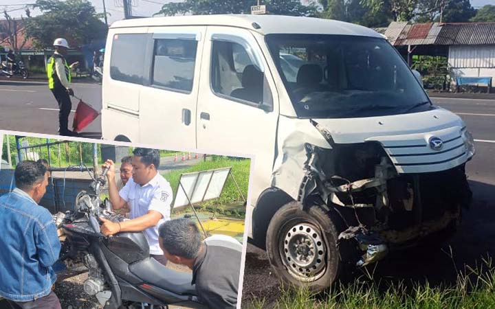 BARANG BUKTI: Mobil Granmax alami kerusakan di bagian depannya. Inset motor korban saat diamankan.