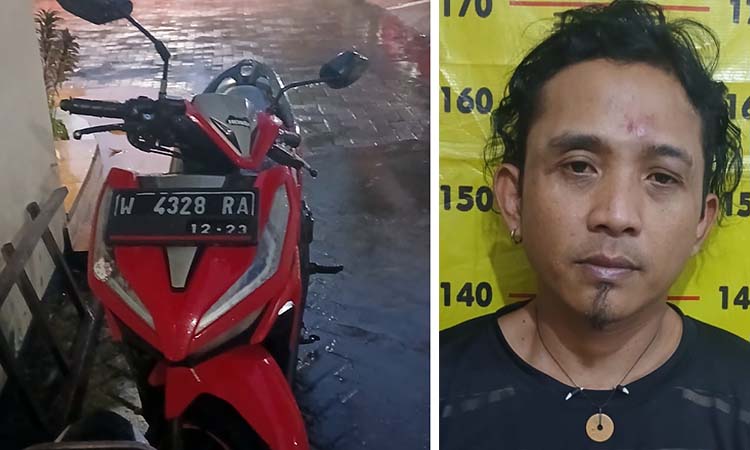 Motor yang sempat dicuri diamankan polisi. Inset pelaku Wahyu Kurniawan saat diamankan.