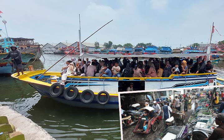 RAMAI: Kapal yang membawa warga Gili Ketapang saat bersandar di pelabuhan Tanjung Tembaga, Probolinggo. Inset warga Gili naik betor saat di pelabuhan. (Inneke-Zainal Arifin/ Radar Bromo)