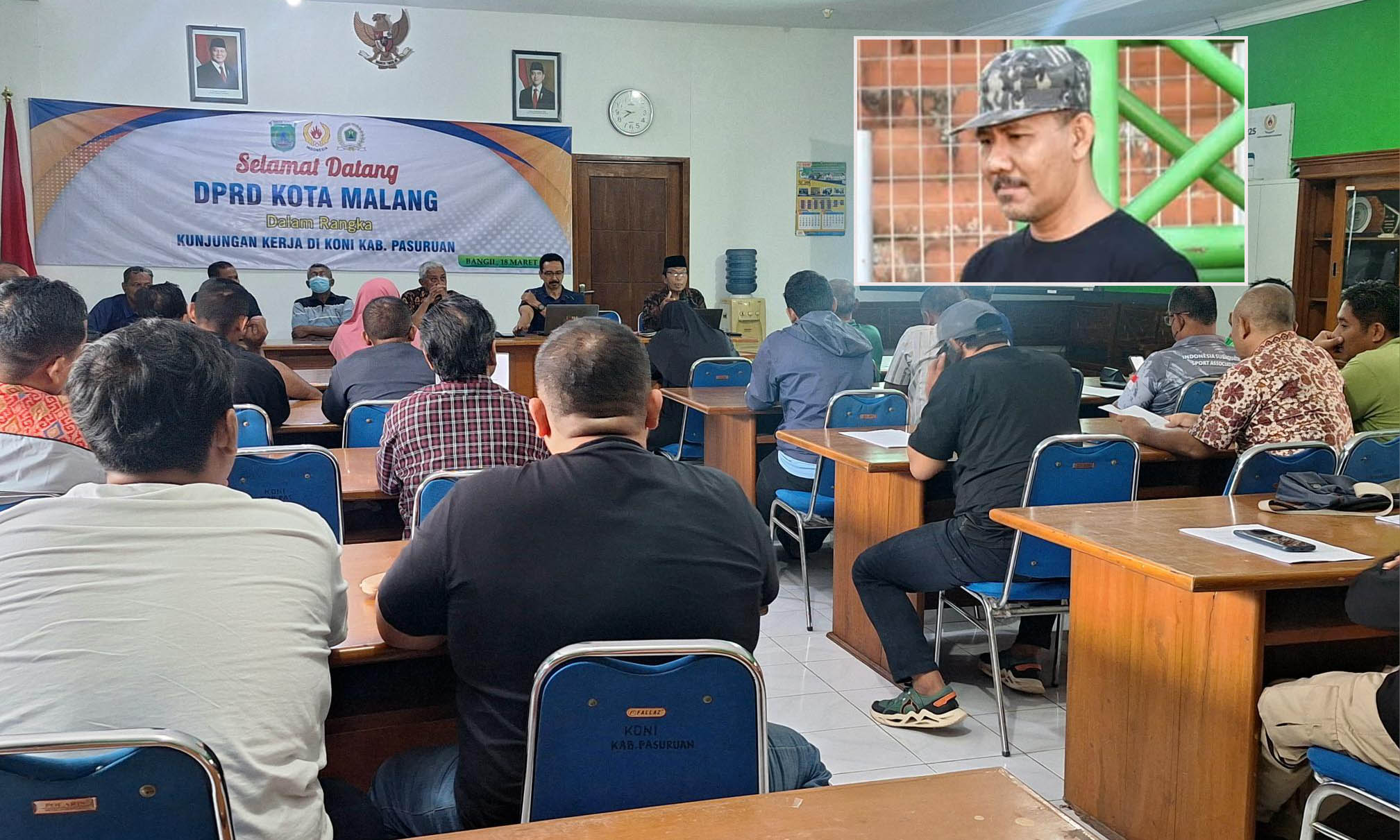 SUDAH DIKUMPULKAN: Sosialisasi tahapan musorkab KONI Kabupaten Pasuruan kepada puluhan cabor, pekan lalu. Inset, Mamat Aro Setiawan yang digadang calon Ketua KONI.