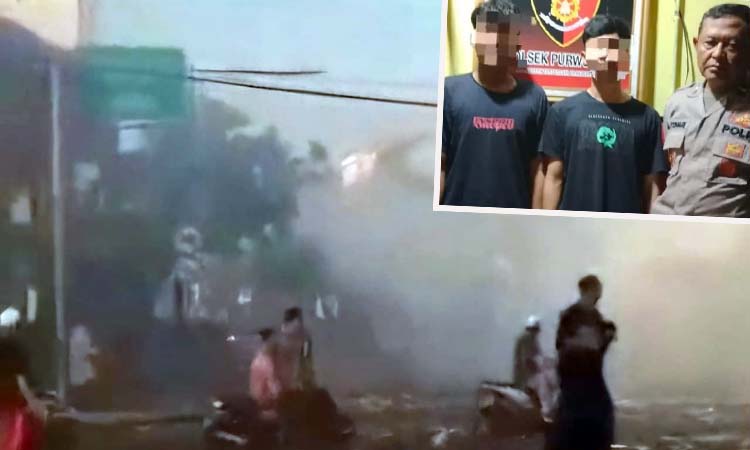 VIRAL DI MEDSOS: Aksi pesta petasan yang beredar di medsos. Inset, para pelaku saat diamankan.