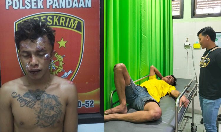 DIBORGOL: Muhyidin (kaos kuning), tersangka kasus curanmor mendapat perawatan medis di IGD Puskesmas Pandaan. Inset, Muhyidin yang terluka usai kecelakaan.