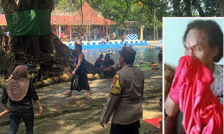 SEDANG RAMAI: Seorang anggota kepolisian berjaga di area wisata Banyubiru yang ramai pengunjung. Inset pelaku Rosman saat diinterogasi petugas. (Istimewa)