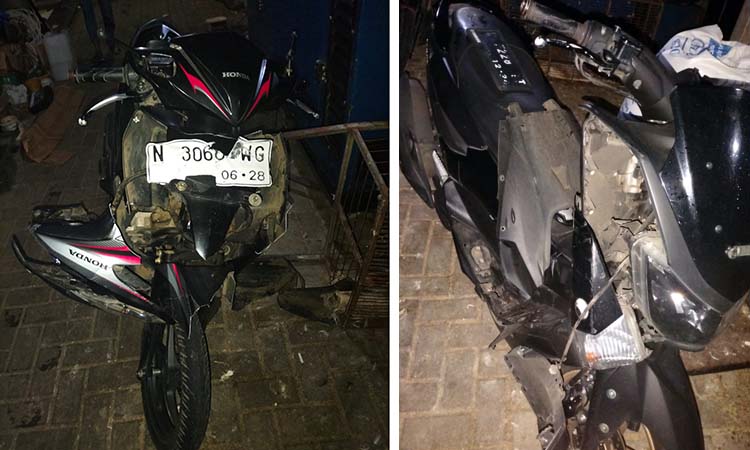 BARANG BUKTI: Kondisi motor Honda Vario dan N-Max yang tabrakan adu moncong di Tutur, Kabupaten Pasuruan.