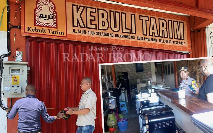 DIPASANG POLICE LINE: Petugas kepolisian memasang police line di Depot Kebuli Tarim. Inset Kapolsek Purworejo didampingi pemilik depot saat meninjau dapur. Didapati ada elpiji melon.