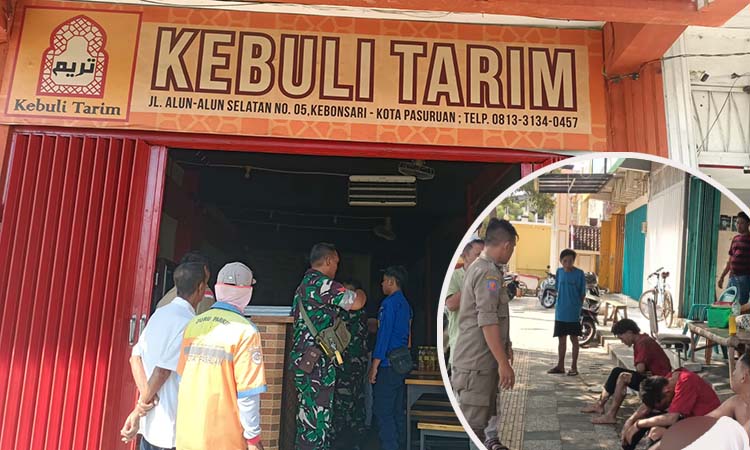 TRAGEDI: Kondisi Rumah Makan Kebuli Tarim di Jalan Alun-alun Pasuruan sisi selatan saat terbakar. Nampak sejumlah karyawan dievakuasi. (Istimewa)
