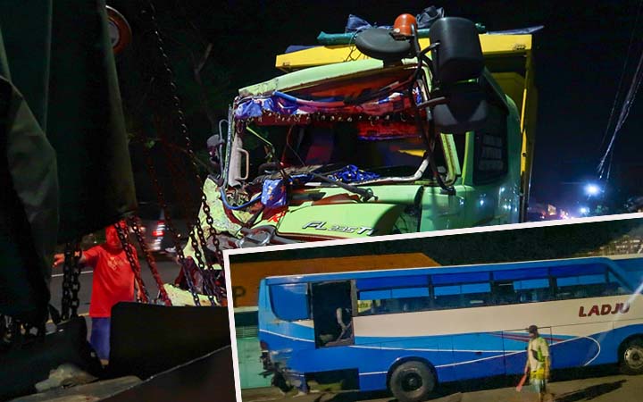 BARANG BUKTI: Kondisi truk trailer dan bus Ladju saat diamankan petugas usai tabrakan di Rejoso, Pasuruan, Rabu malam (9/4). (Mokhamad Zubaidillah/ Radar Bromo)