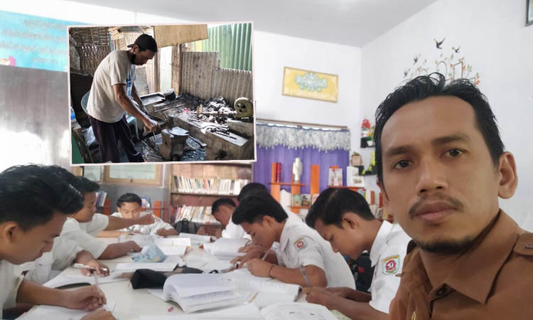 PEKERJAAN BERAT: Agus Hidayat Agus saat mengajar siswanya. Inset, Agus Hidayat saat mengerjakan pesanan sabit.