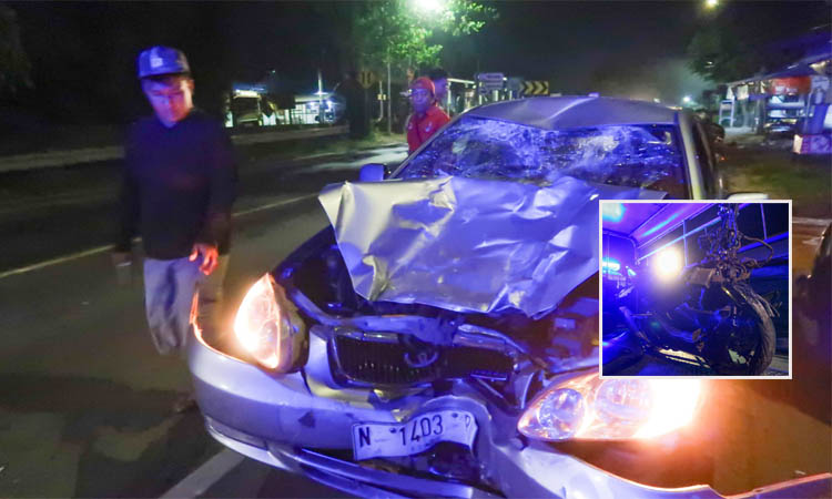 RINGSEK: Sedan dan Honda PCX (Inset) yang terlibat kecelakaan di Buk Wedi, Minggu (13/4) malam.