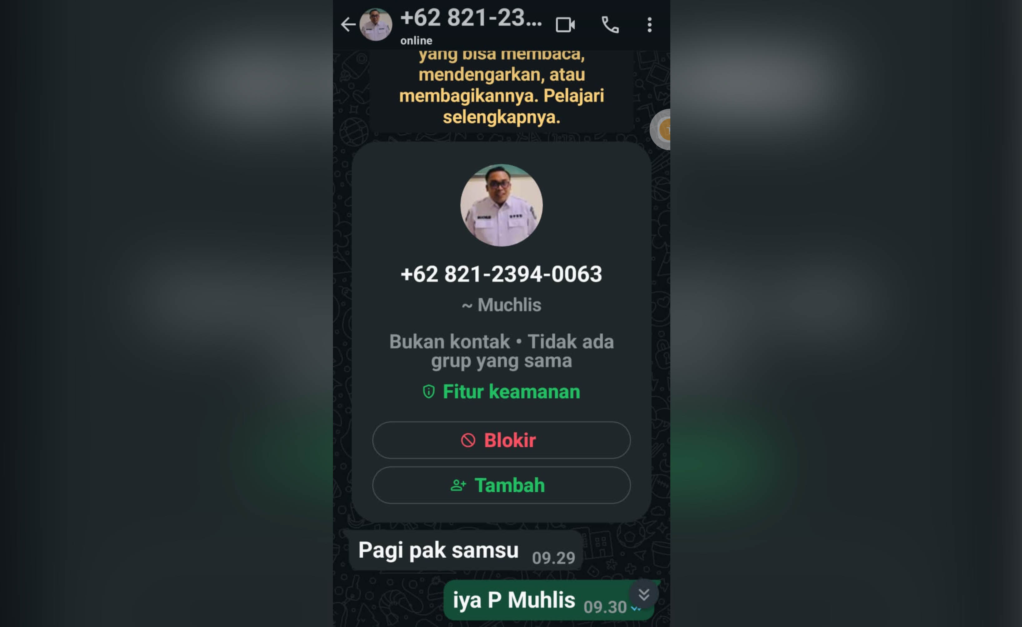 Tangkapan layar salah satu distributor yang dihubungi oleh penipu mengatasnamakan ketua panja pupuk subsidi.