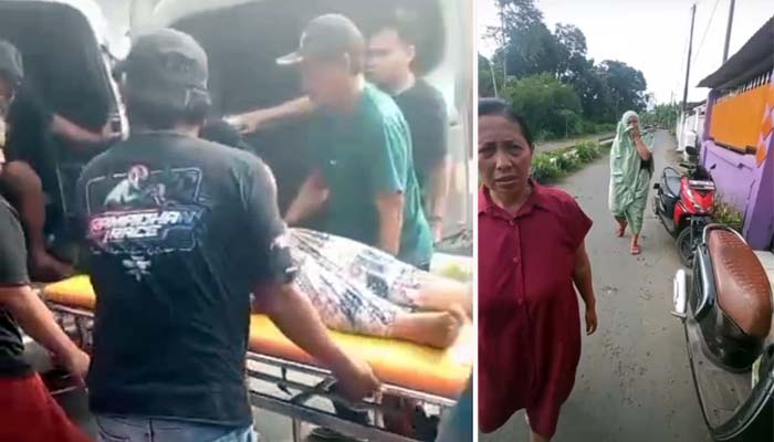 NAHAS: Korban begal saat dievakuasi ke ambulans (foto kiri), lokasi begal motor Yamaha Aerox di Leces.