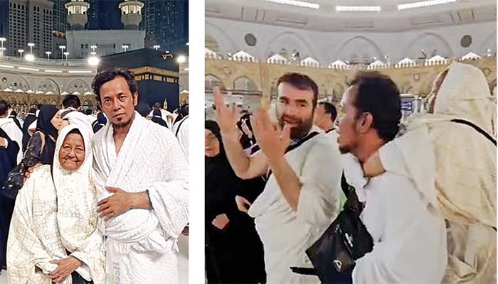 VIRAL: Aksi Zainal Abidin menggendong Umi Hanik saat tawaf di Baitullah (kanan). Zainal Abidin dan ibunya berpose di depan kakbah. (Istimewa)