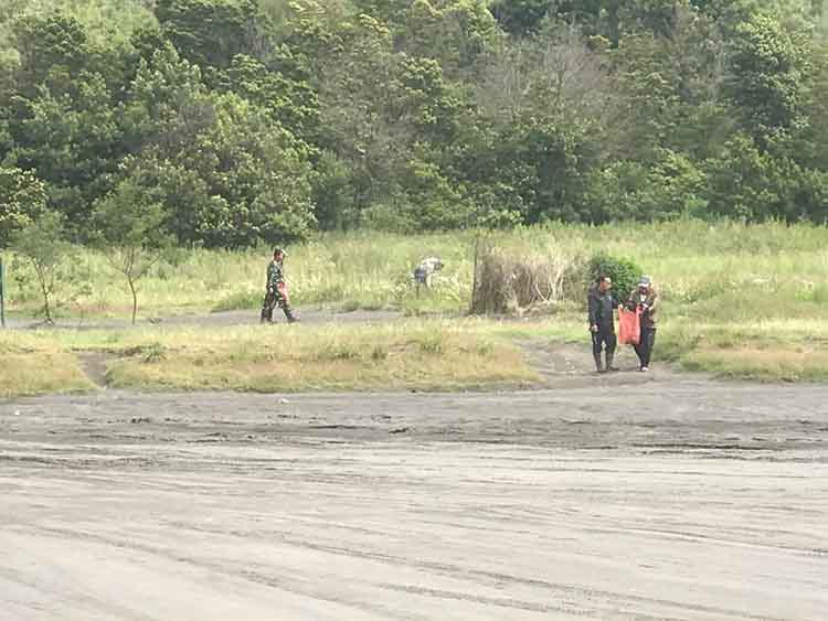 PUNGUT: Sejumlah petugas BB TNBTSbeserta stakeholder terkaitmelakukan pembersihan sampah dilautanpasirBromo, Kabupaten Probolinggo.