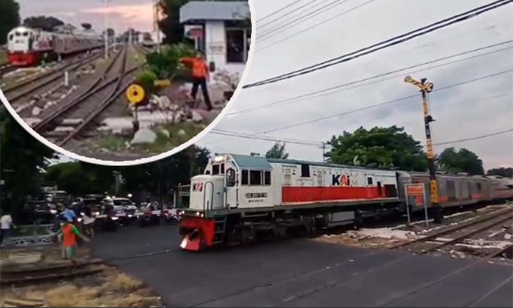 Detik-detik korban kakek War (inisial) jalan di atas rel sebelum tertabrak KA Logawa. Inset petugas sudah meneriaki korban sebelum KA mendekat. (Screenshoot)