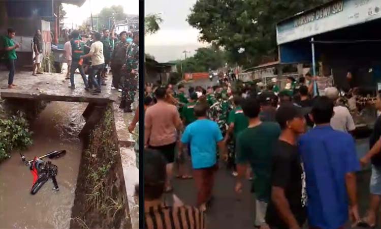 EMOSI: Sejumlah warga saat menghajar tiga terduga copet saat acara Gerebek Syawal Ketupat di Bulusari Gempol. Nampak motor trail pelaku dibuang ke sungai. (Istimewa)