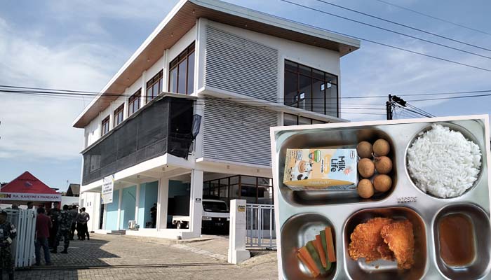 DUKUNG PROGRAM MBG: Dapur MBG di Pandaan, Kabupaten Pasuruan. Inset menu MBG di SMAN 1 Pandaan, Kamis (24/4). (Rizal Syatori/ Radar Bromo)