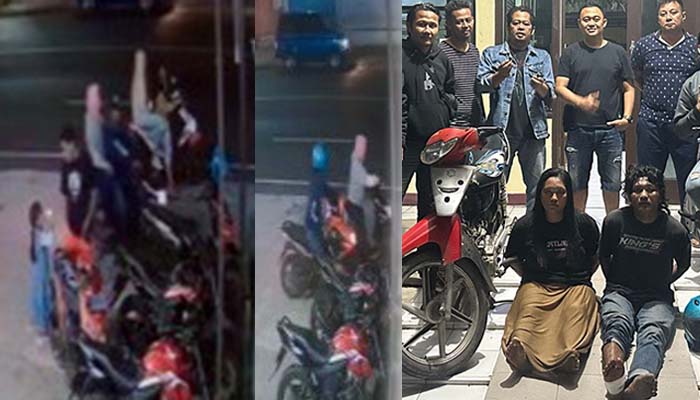Dari Kiri: Rekaman CCTV saat kedua pelaku pasutri datang boncengan. Saat parkiran BRI sepi, mereka beraksi. Pulang bawa 2 motor (foto tengah), dua pelaku saat dibekuk petugas (foto kanan). (Istimewa)