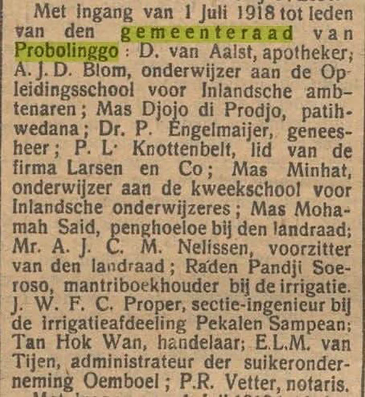 KORAN BELANDA: Daftar anggota Dewan Kota (Gemeente Raad) pertama Kota Probolinggo berdasarkan De Indier edisi 4 Juli 1918.