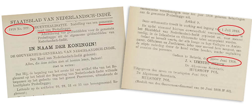DULU: Potongan Staatsblad 322 tahun 1918 tentang pembentukan Dewan Kota (Gemeente Raad Probolinggo).