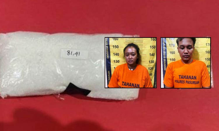 BANYAK: Barang bukti SS sebanyak 81 gram yang diamankan dari dua tersangka. Inset: Lailiyah Nadiroh (kiri) Nur Huda yang sudah mendekam di sel tahanan Mapolre