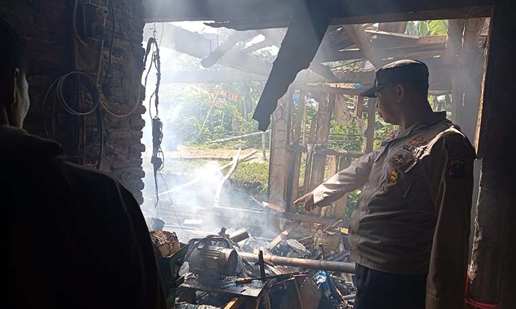 SUMBER API: Anggota Polsek Purwodadi menunjukkan lokasi kandang ribuan ekor burung puyuh yang terbakar, Minggu (4/5).