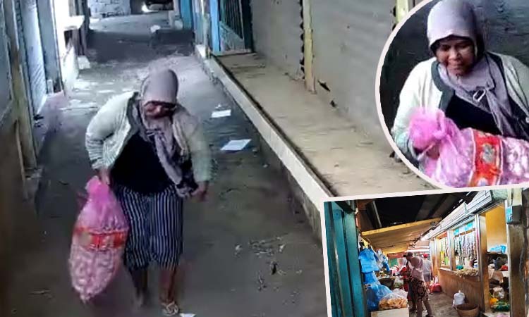 Aksi emak-emak yang terekam CCTV menggarong sekarung bawang putih di Pasar Pandaan. Inset, lokasi tempat pencurian bawang putih.