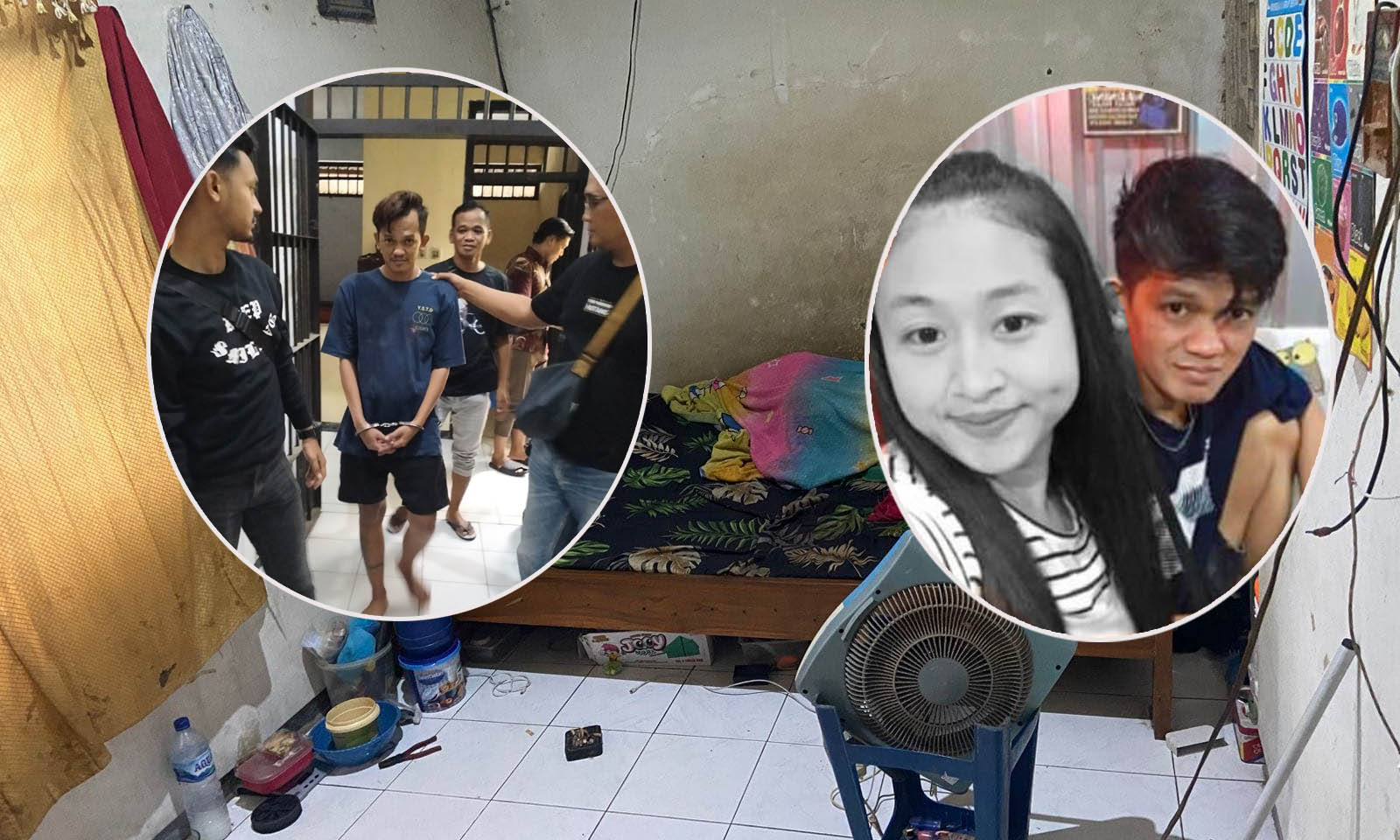 TKP: Kamar di rumah kontrakan, tempat jasad Yulina Kuslidiawati ditemukan. Inset, Sigit yang sudah diamankan dan Yulina semasa hidup.