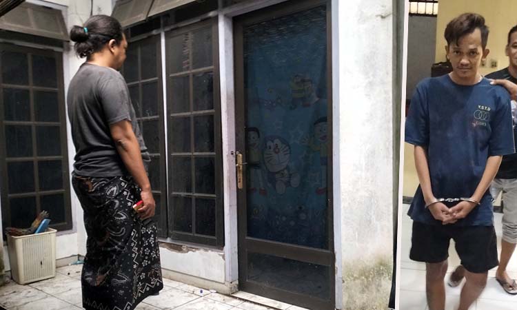 TKP: Lokasi rumah kontrakan suami yang aniaya istri hingga tewas di kawasan padat penduduk Pandaan, Pasuruan. Inset pelaku Herlambang Sigit Prananto