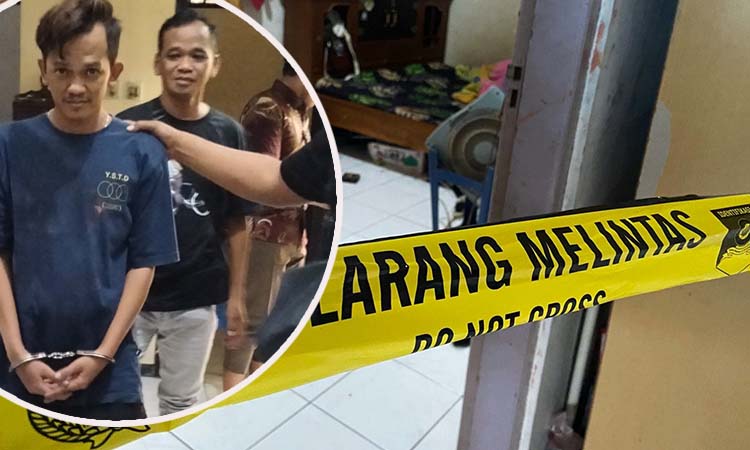 DI-POLICE LINE: Lokasi tempat sang istri ditemukan meninggal. Inset pelaku Herlambang Sigit saat diamankan polisi. (Rizal Syatori/ Radar Bromo)